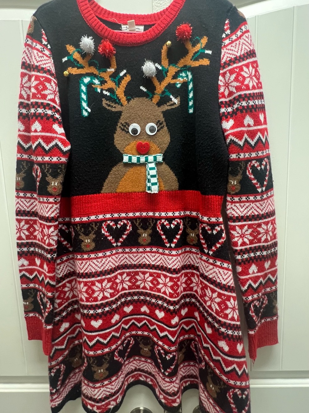 Festive Reindeer Fair Isle Crew Sweater - Red & Black